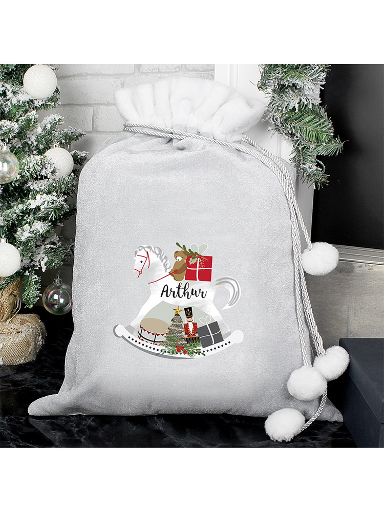 Personalised Rocking Horse Luxury Silver Grey Pom Pom Sack