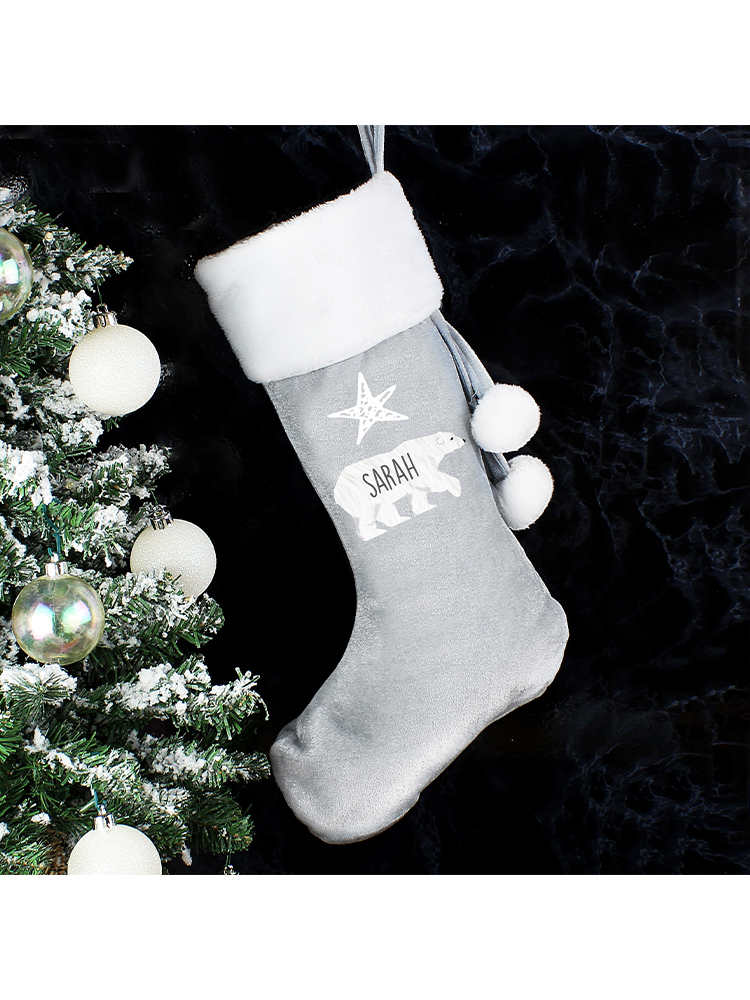 Personalised Polar Bear Luxury Silver Grey Stocking