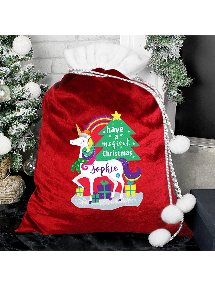 Personalised Christmas Unicorn Luxury Pom Pom Sack