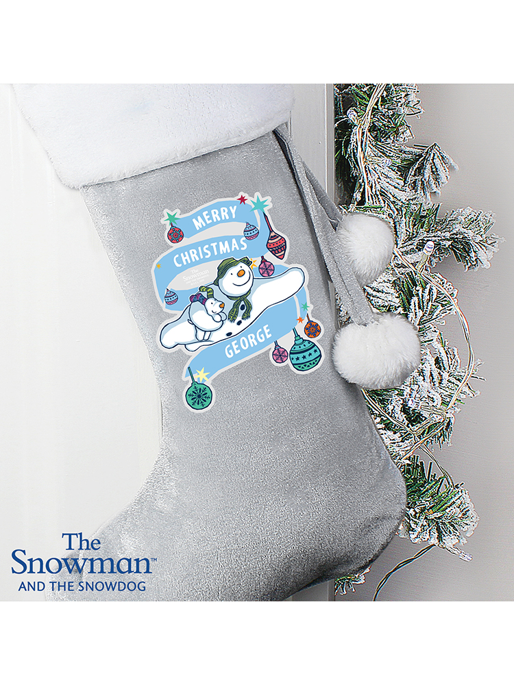 Personalised The Snowman and the Snowdog Luxury Silver Grey Stocking