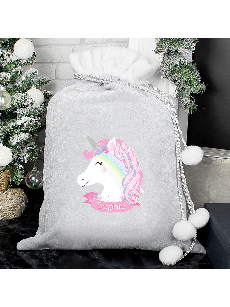 Personalised Christmas Unicorn Luxury Silver Grey Pom Pom Sack