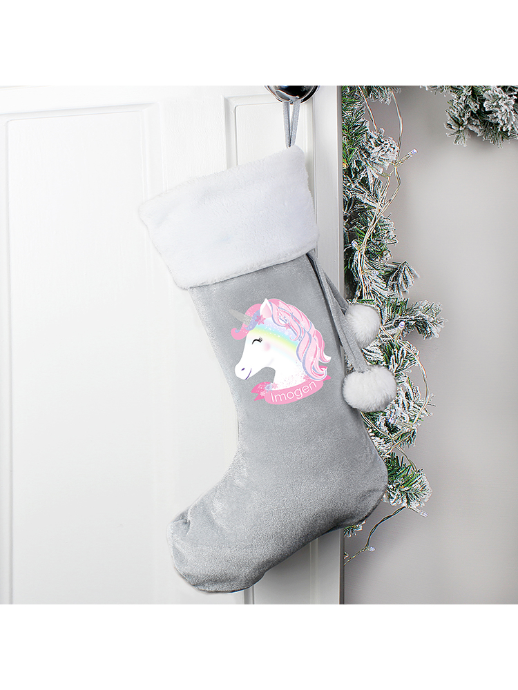 Personalised Christmas Unicorn Luxury Silver Grey Stocking