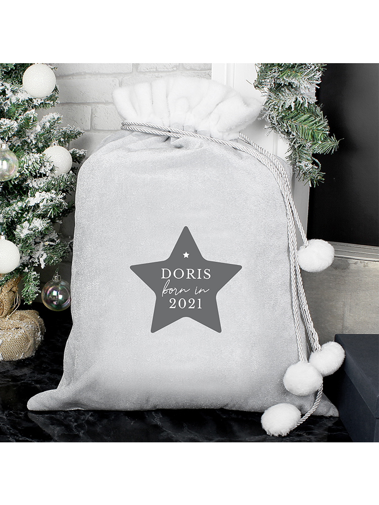 Personalised Born In Luxury Silver Grey Pom Pom Sack