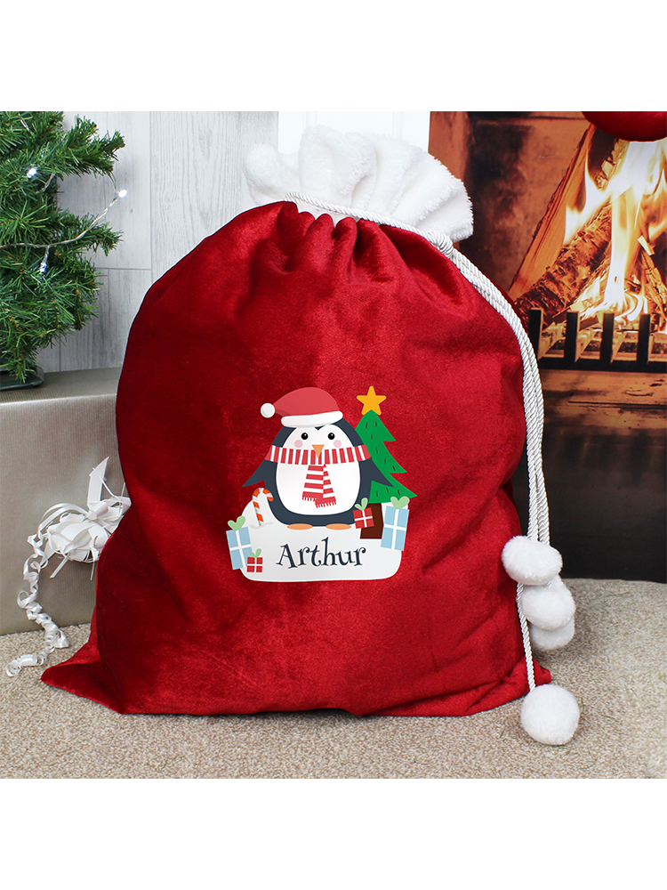 Personalised Christmas Penguin Luxury Pom Pom Red Sack