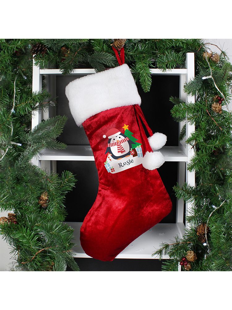 Personalised Christmas Penguin Red Stocking