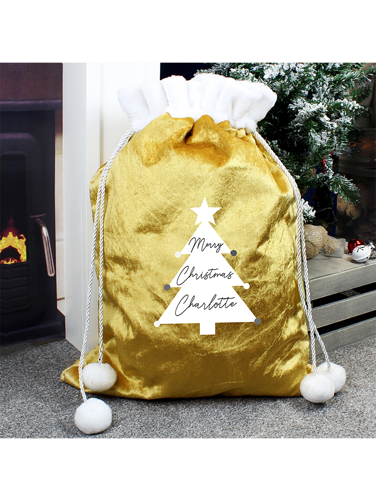 Personalised Christmas Tree Luxury Pom Pom Gold Sack