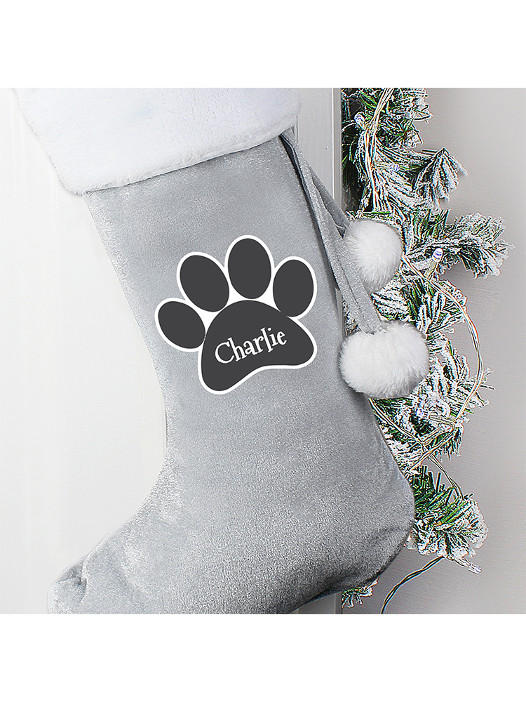 Personalised Paw Print Silver Grey Stocking