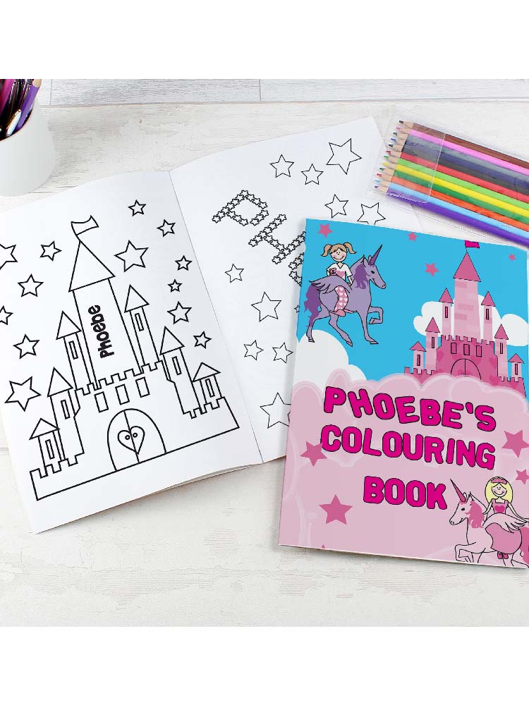 Personalised Princess & Unicorn Colouring Book with Pencil Crayons