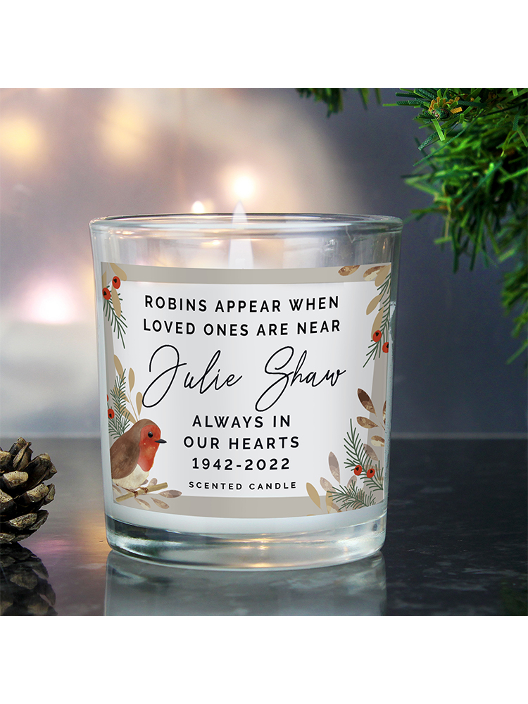 Personalised Robins Appear Memorial Scented Jar Candle