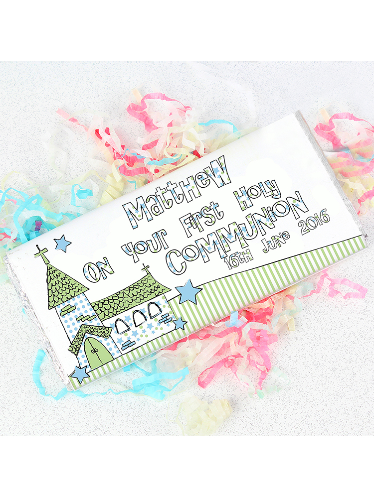 Personalised Whimsical Church Blue 1st Holy Communion Milk Chocolate Bar