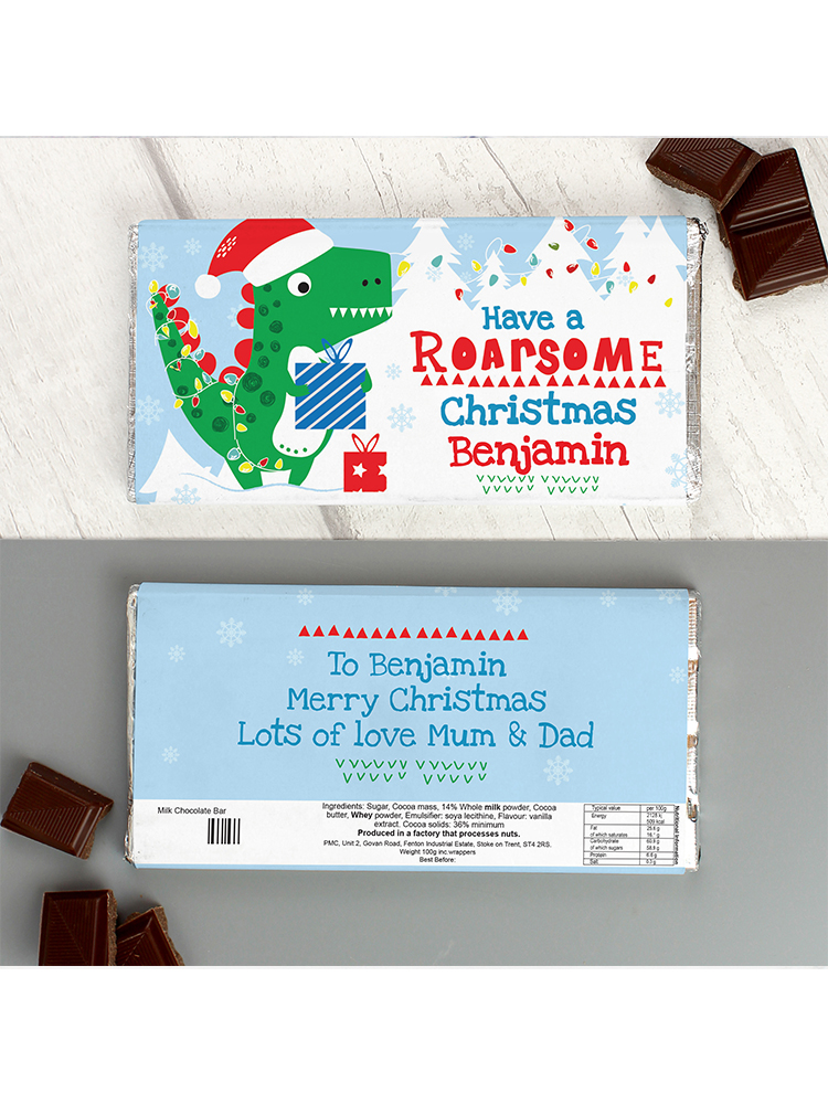 Personalised Dinosaur 'Have a Roarsome Christmas' Milk Chocolate Bar