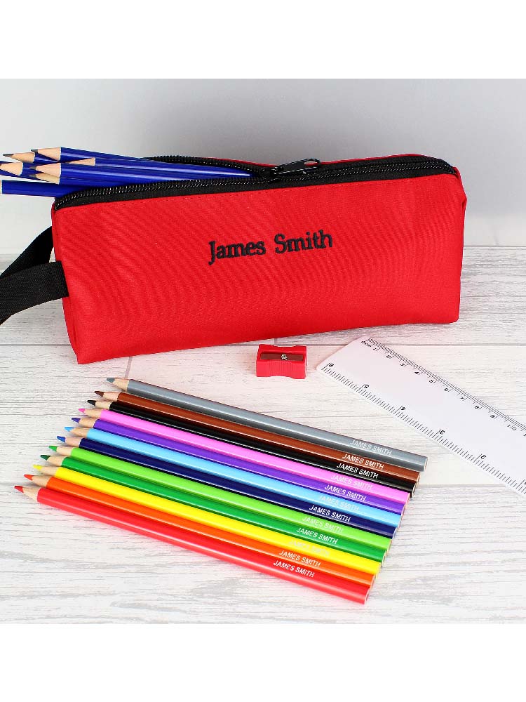 Red Pencil Case with Personalised Pencils & Crayons