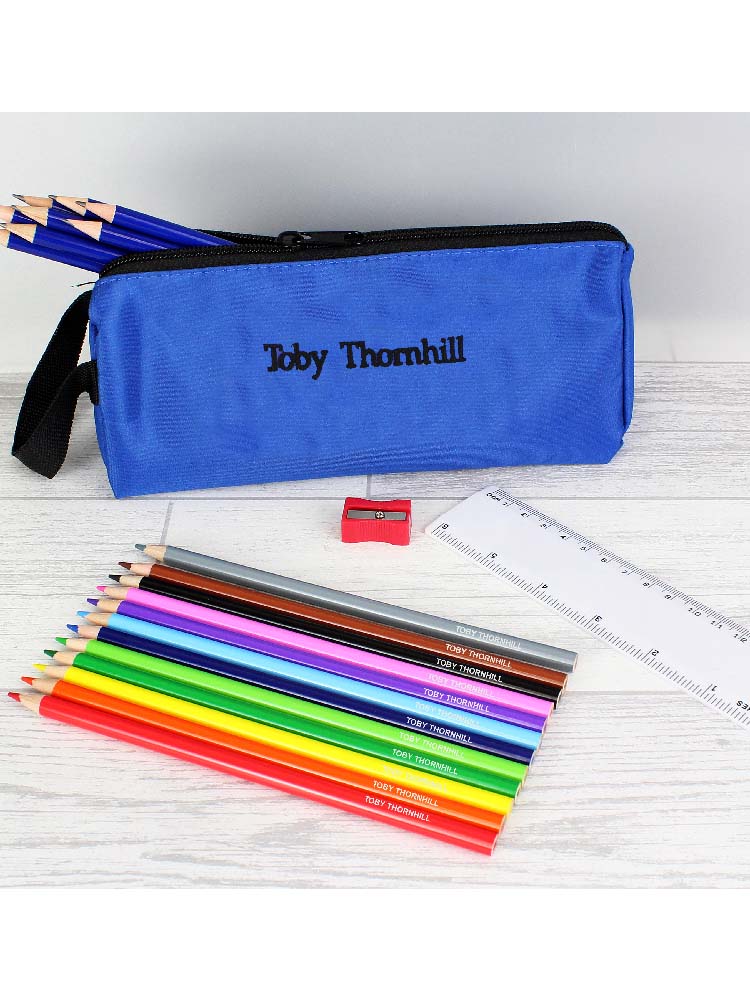 Blue Pencil Case with Personalised Pencils