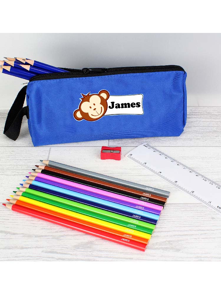 Blue Monkey Pencil Case with Personalised Pencils 