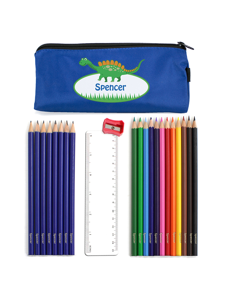 Blue Dinosaur Pencil Case with Personalised Pencils 