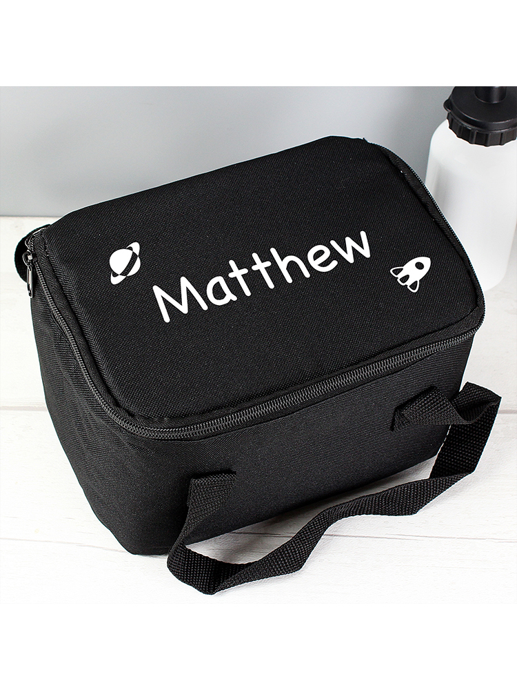 Personalised White Rocket Black Lunch Bag