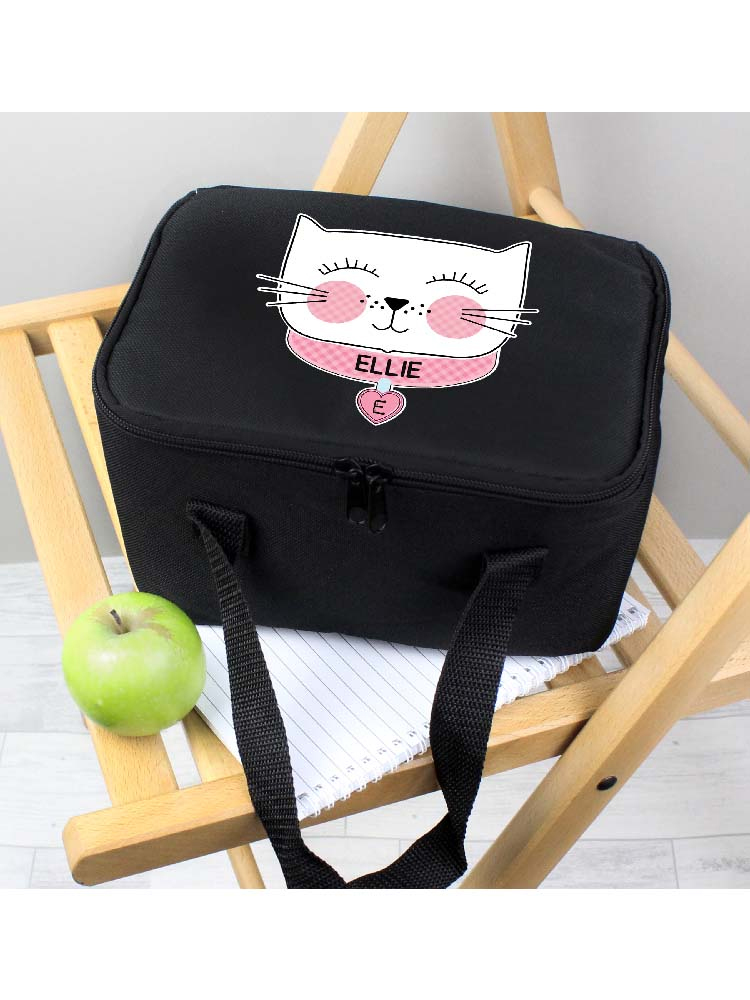 Personalised Cute Cat Black Lunch Bag