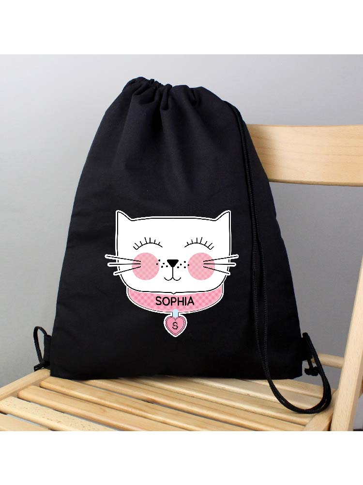 Personalised Cute Cat Black Swim & Kit Bag