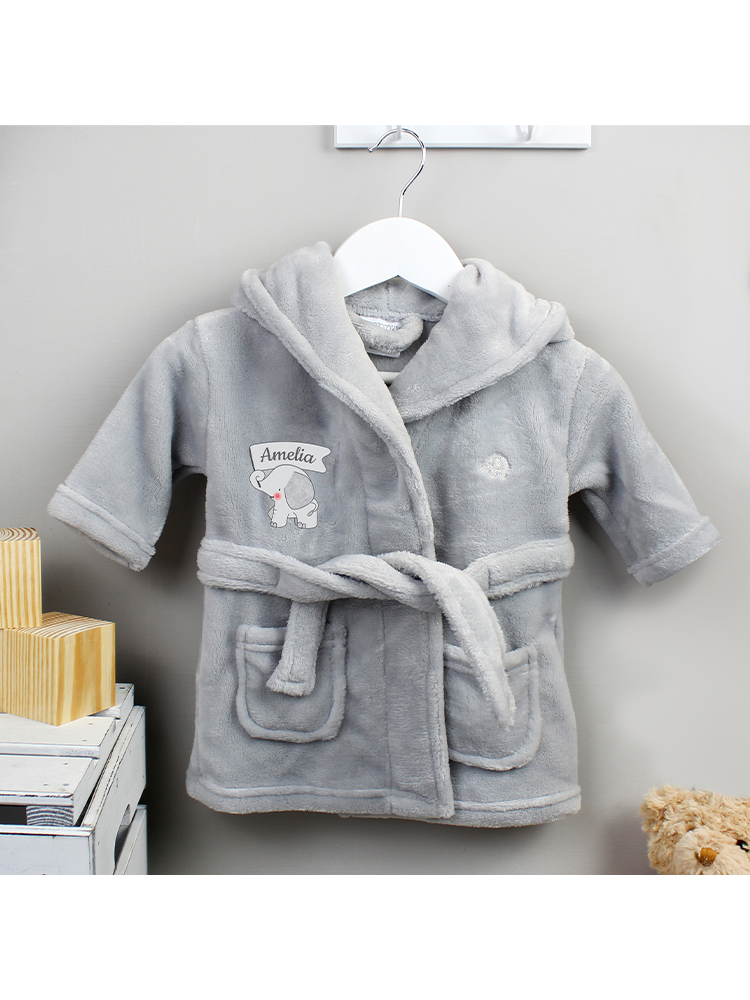 Personalised Elephant 0-6 Months Grey Hooded Baby Dressing Gown