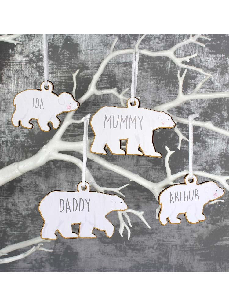 Personalised Set of Four Polar Bear Family Wooden Hanging Decorations