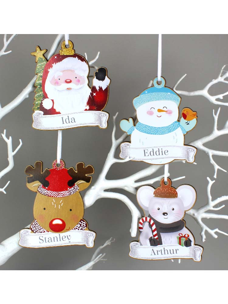 Personalised Set of Four Colourful Christmas Characters Wooden Hanging Decorations