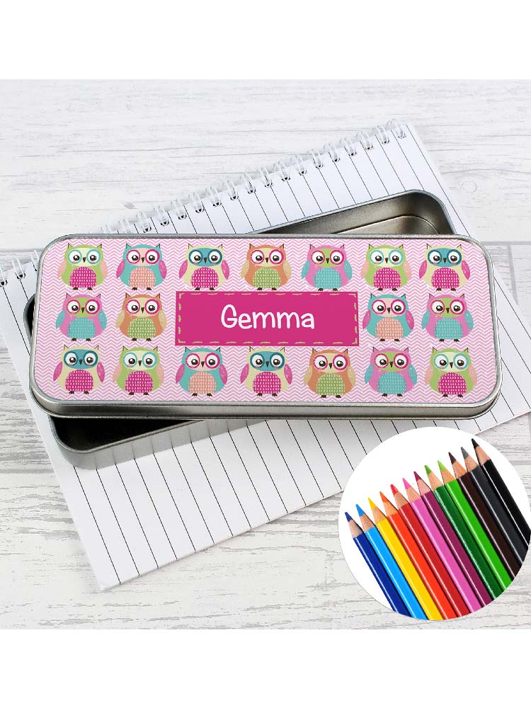 Personalised Summer Owl Pencil Tin with Pencil Crayons