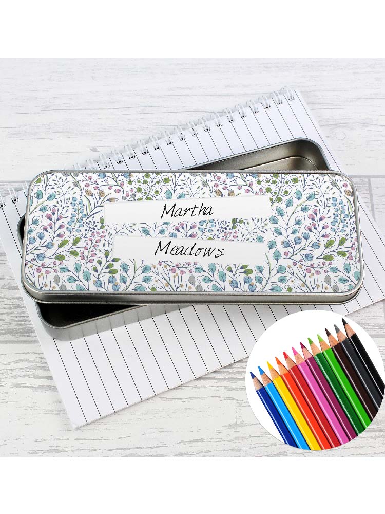 Personalised Botanical Pencil Tin with Pencil Crayons