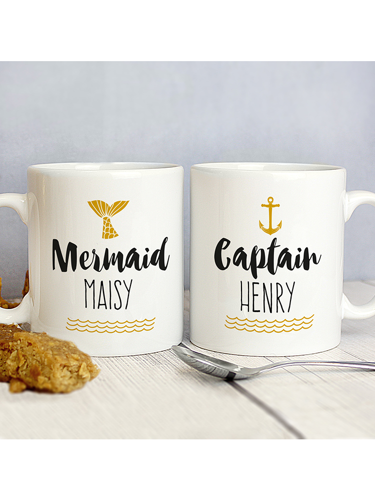 Personalised Mermaid and Captain Mug Set