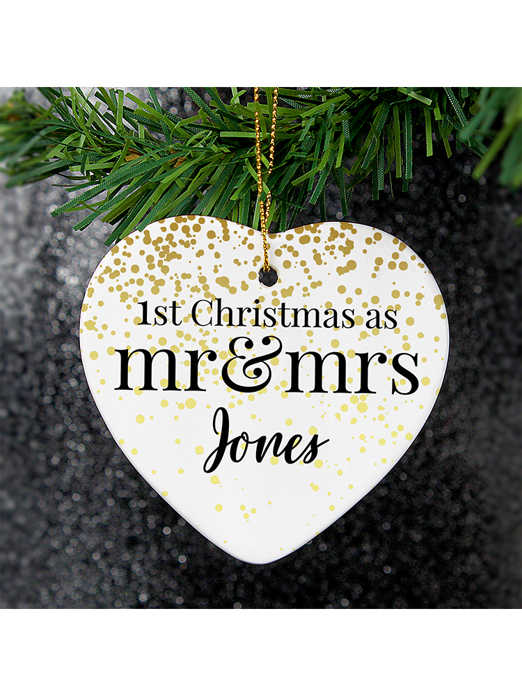 Personalised Mr and Mrs 1st Christmas Ceramic Heart Decoration