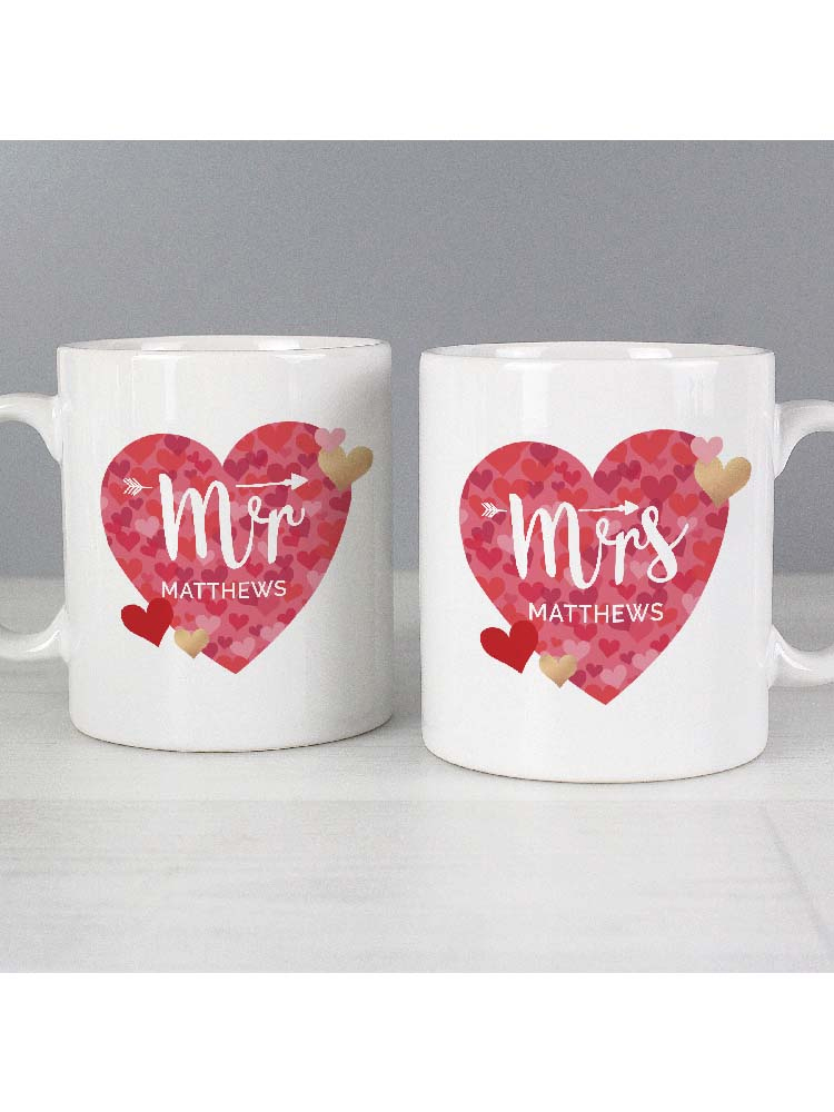 Personalised Mr and Mrs Valentine's Day Confetti Hearts Mug Set