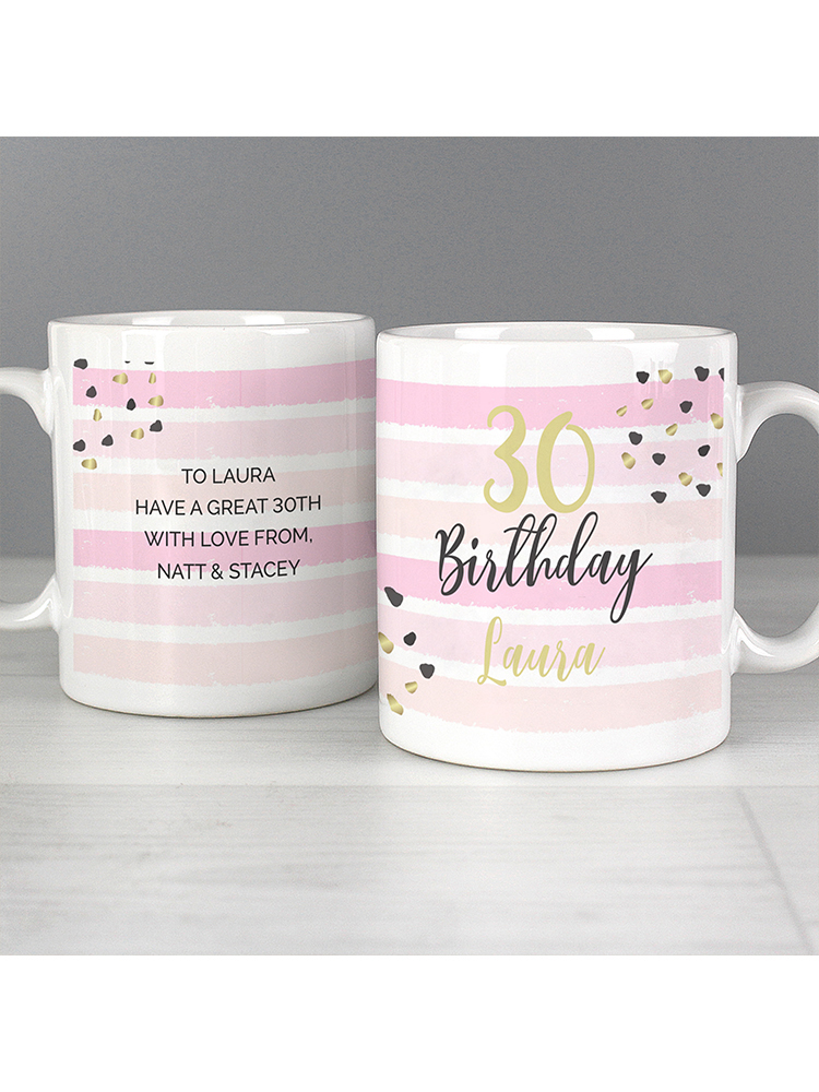 Personalised Birthday Gold and Pink Stripe Mug
