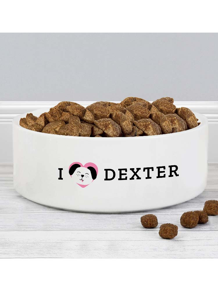 Personalised I Love my Dog - Cute Design 14cm Medium Ceramic White Pet Bowl