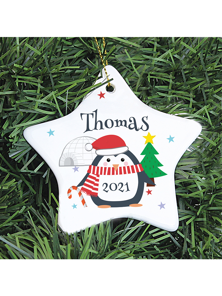 Personalised Christmas Penguin Ceramic Star Decoration