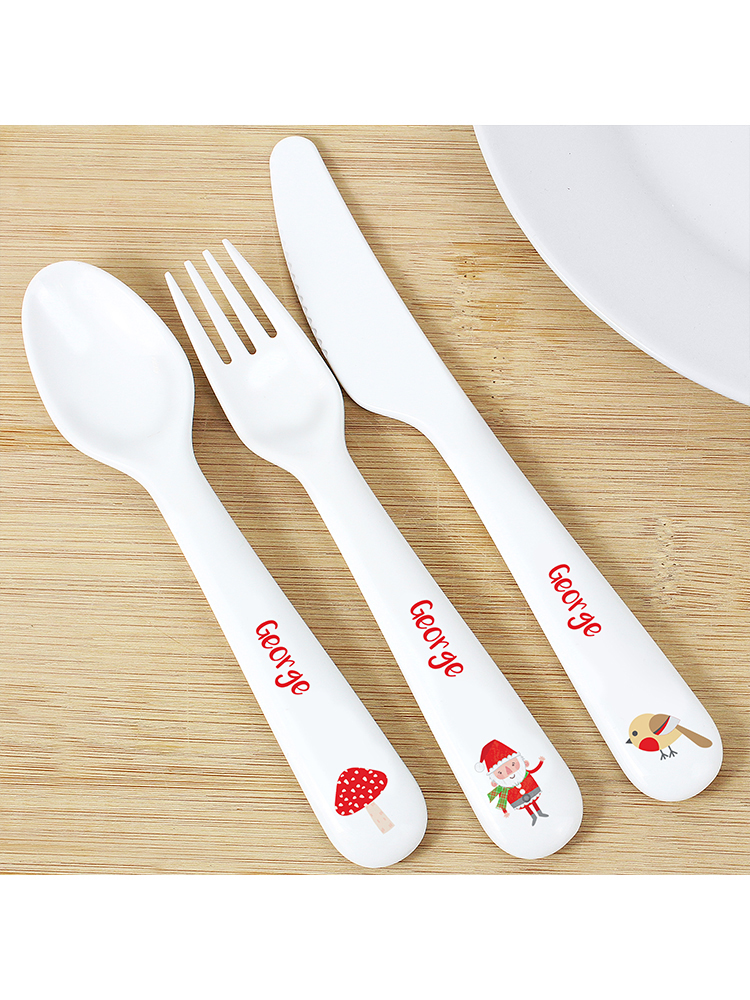 Personalised Christmas Toadstool Santa 3 Piece Plastic Cutlery Set