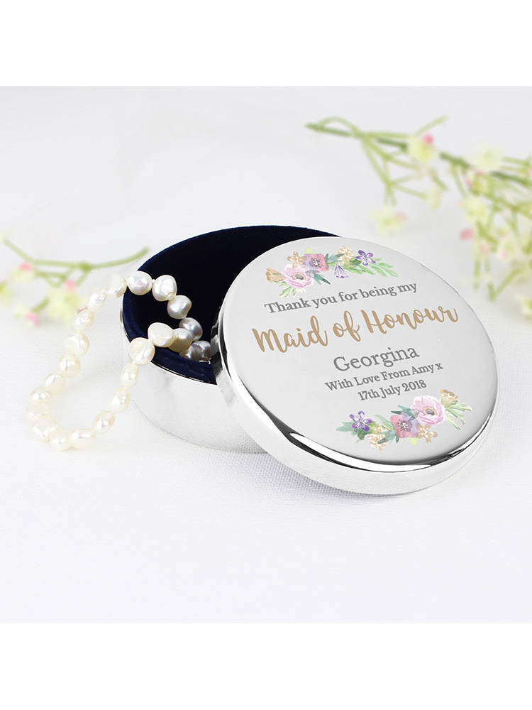 Personalised Maid of Honour 'Floral Watercolour Wedding' Round Trinket Box