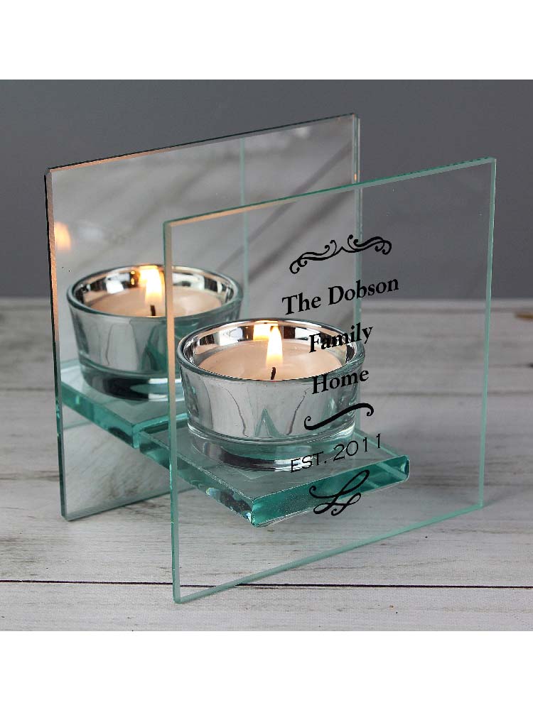 Personalised Antique Scroll Mirrored Glass Tea Light Holder