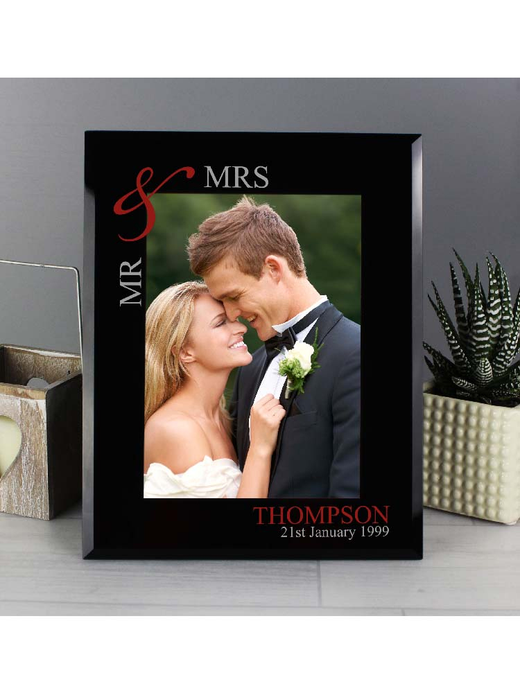 Personalised Ruby Couples 7"x5" Black Glass Photo Frame