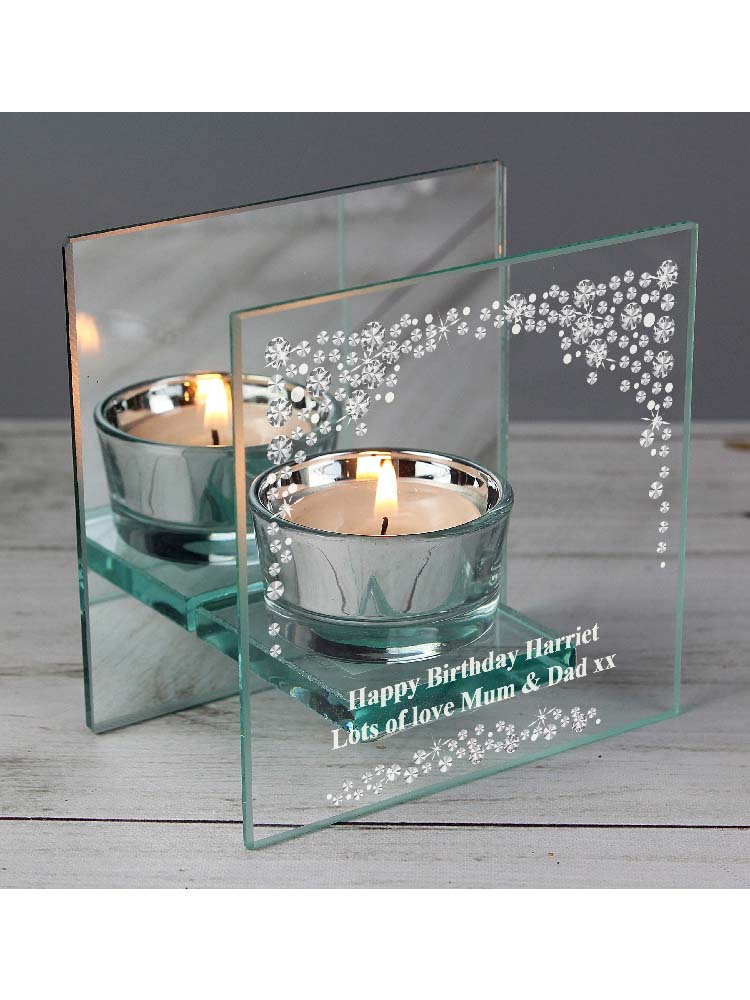 Personalised Diamante Mirrored Glass Tea Light Candle Holder