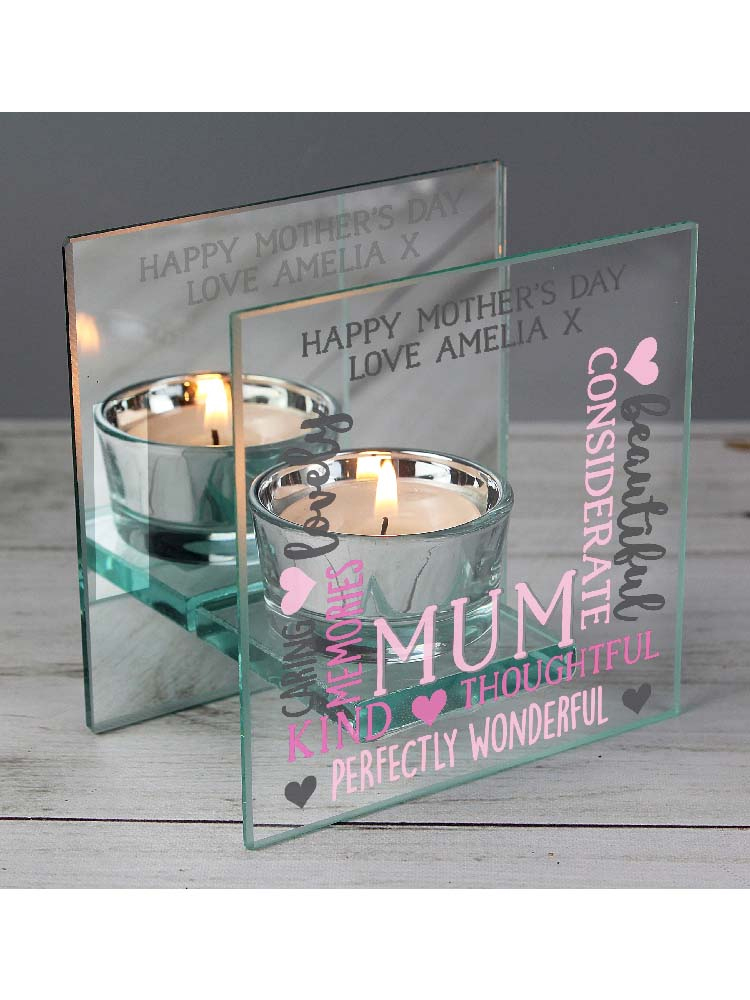 Personalised Mum Mirrored Glass Tea Light Holder