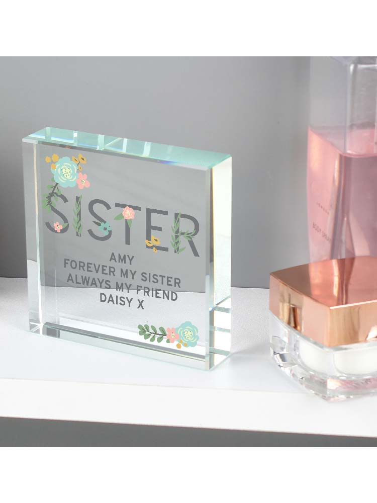 Personalised Floral Sister Large Crystal Token