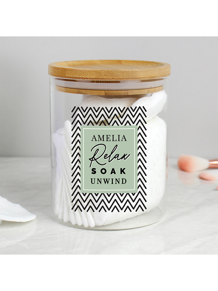 Personalised Relax Soak Unwind Glass Jar with Bamboo Lid