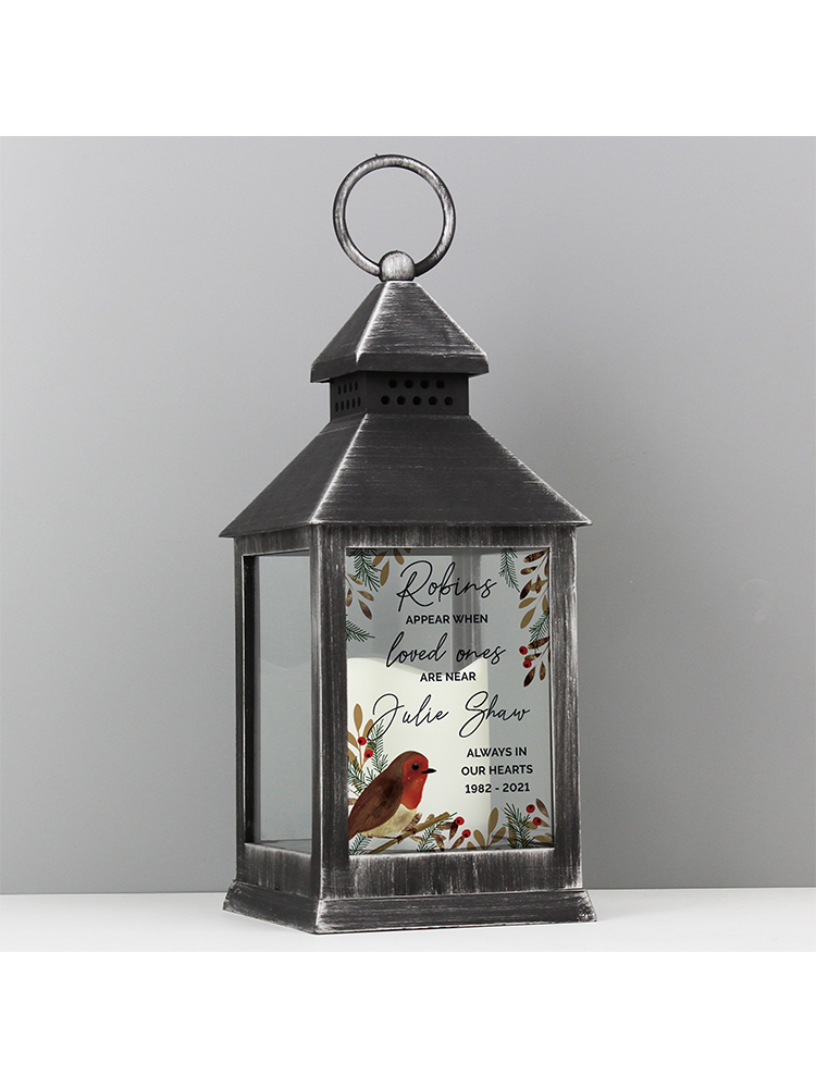 Personalised Robins Appear.. Memorial Black Lantern