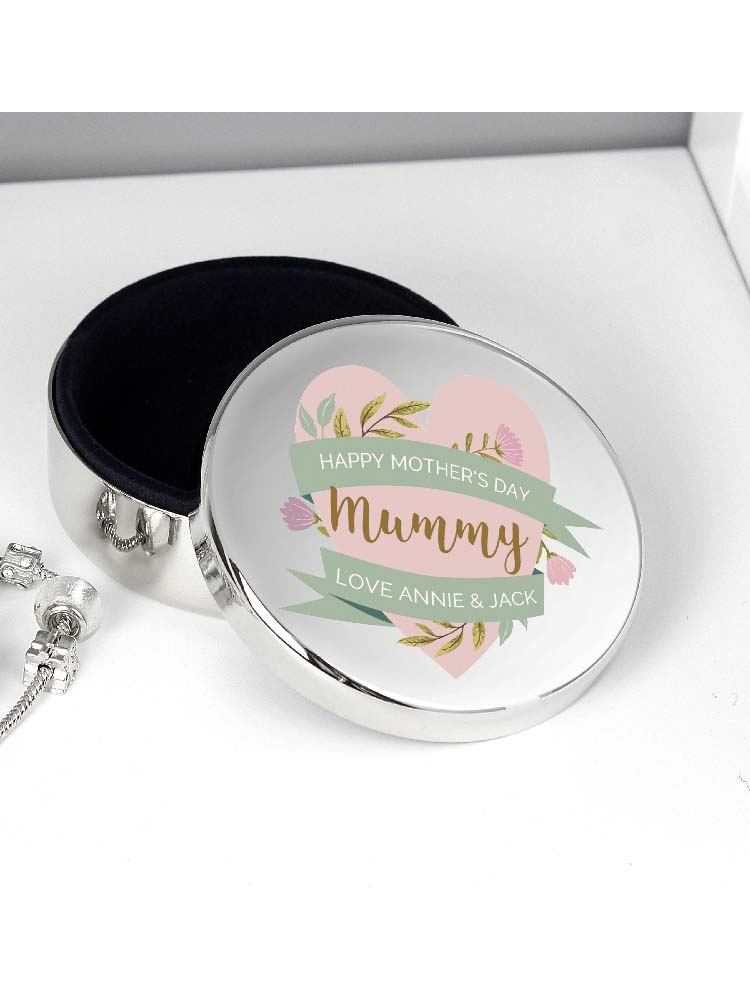 Personalised Floral Heart Mothers Day Round Trinket Box