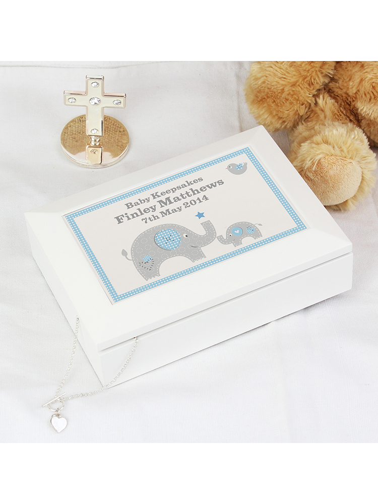 Personalised Blue Baby Elephant White Wooden Keepsake Box
