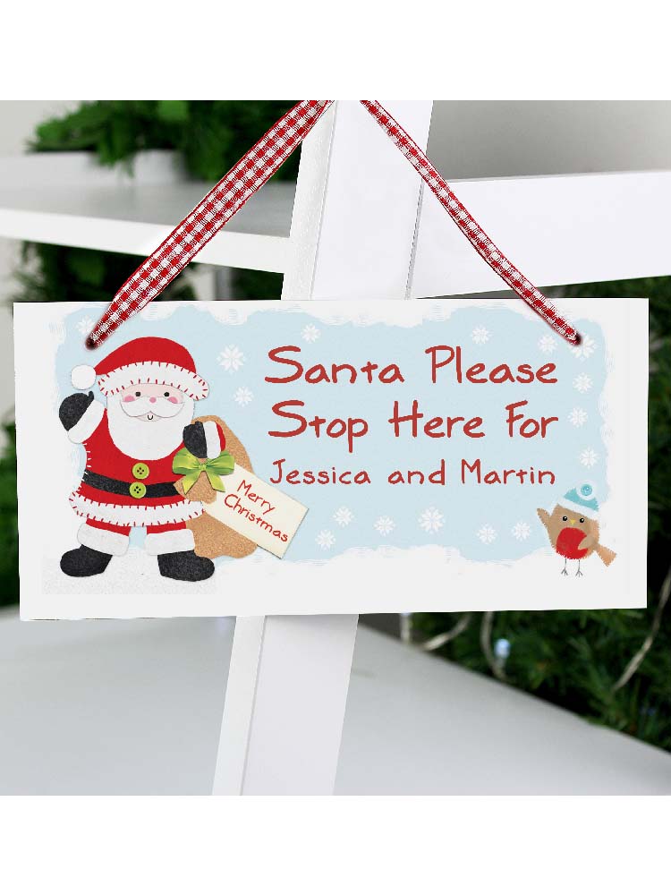 Personalised Felt Stitch Santa Stop Here Wooden Sign