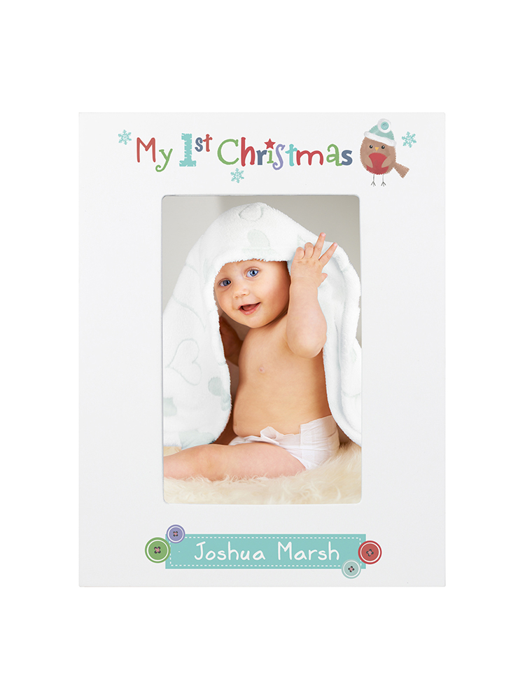 Personalised Felt Stitch Robin My 1st Christmas 6x4 White Wooden Photo Frame