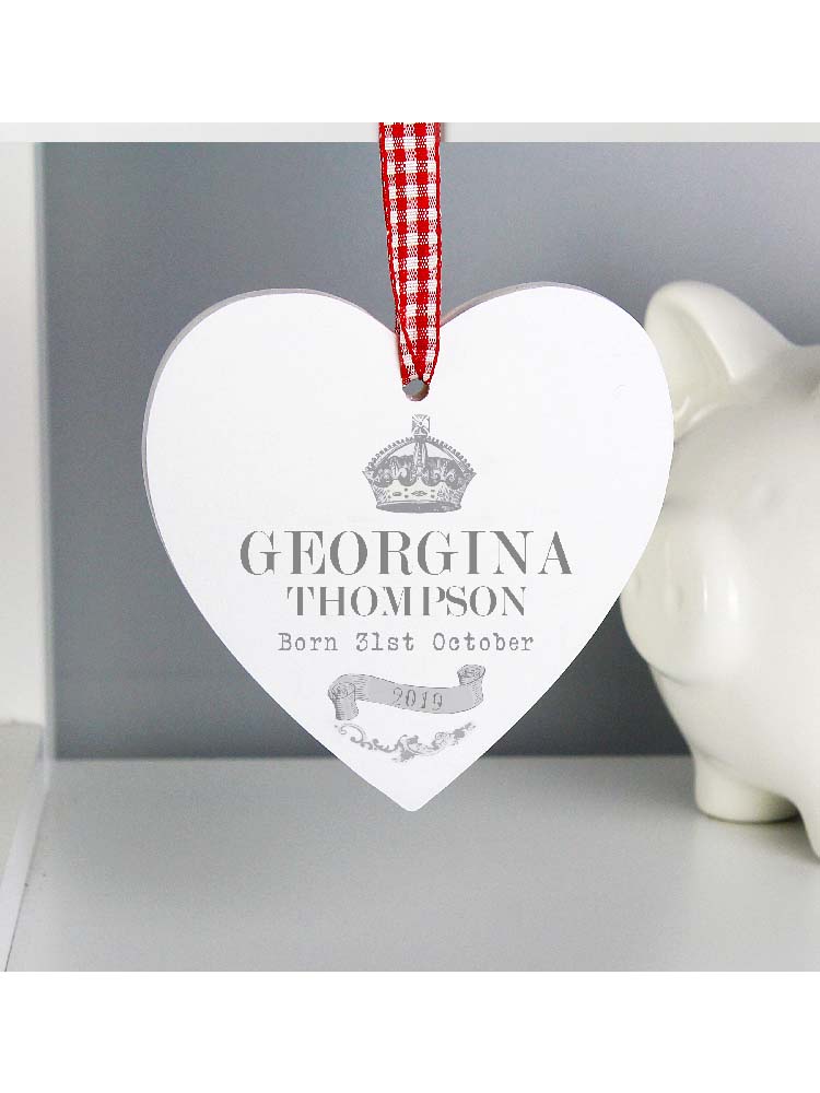 Personalised Royal Crown Wooden Heart Decoration