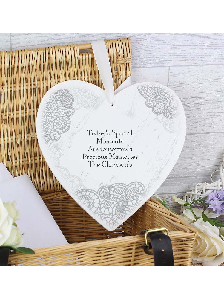 Personalised Dainty Lace 22cm Large Wooden Heart Decoration Personalised Dainty Lace 22cm Large Wooden Heart Decoration