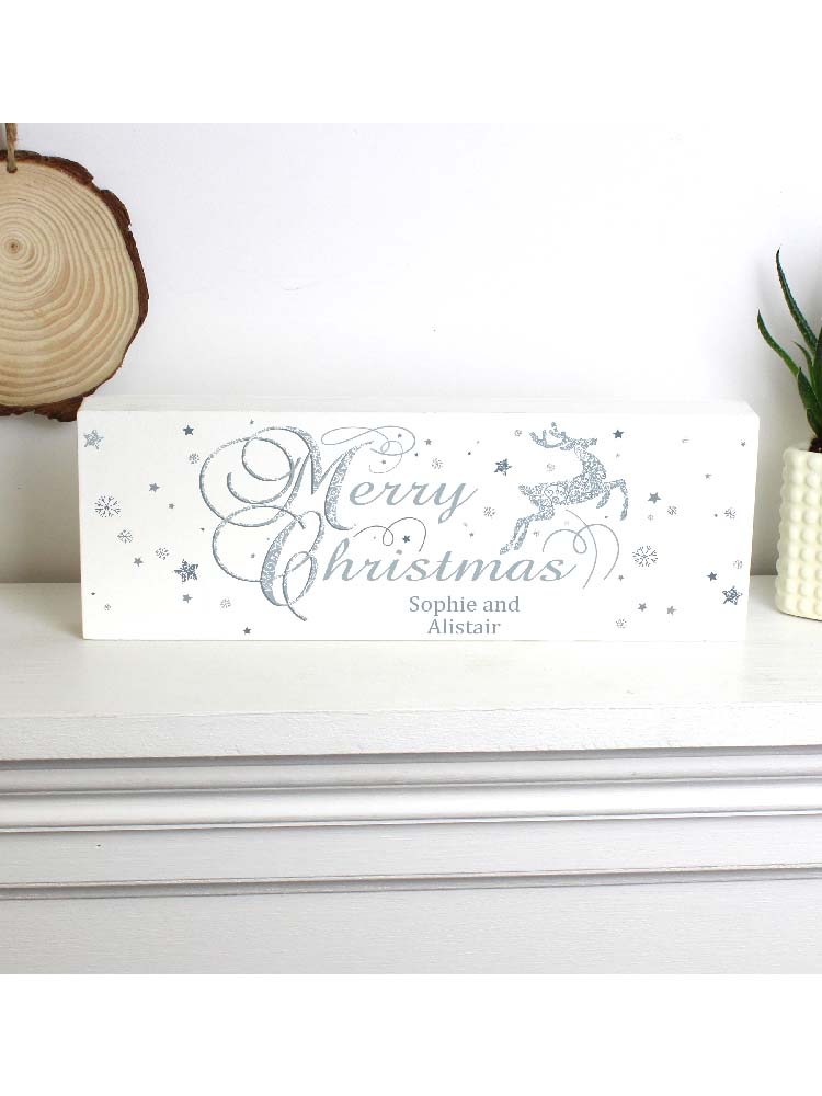 Personalised Silver Reindeer Wooden Block Sign