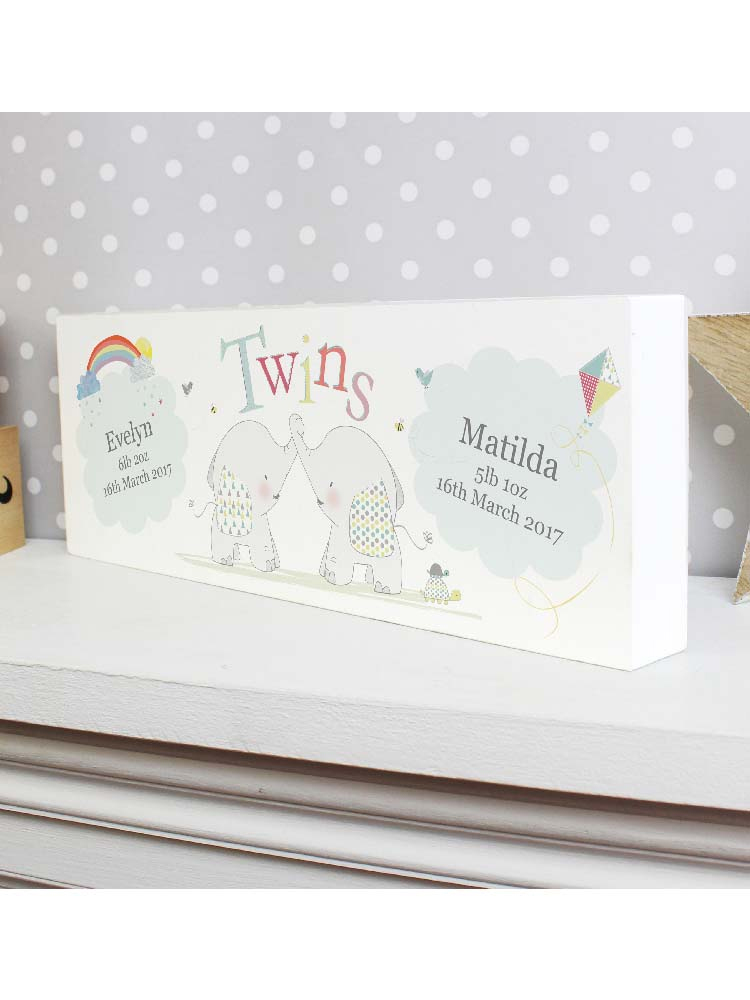 Personalised Hessian Elephant Twins Wooden Block Sign